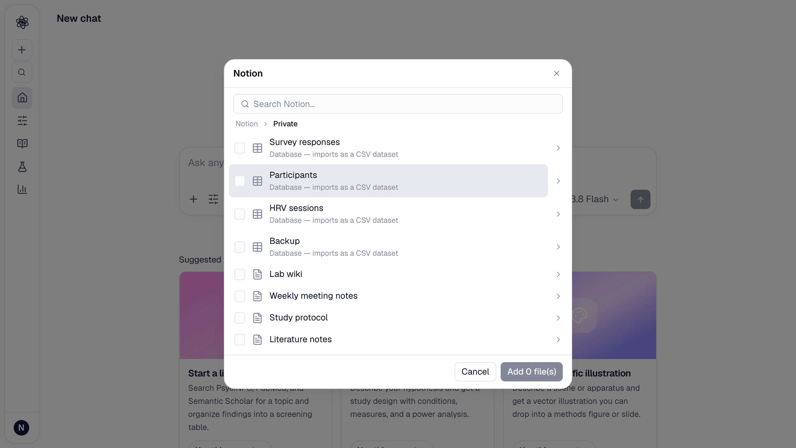 The Notion picker: pages and databases, with databases imported as CSV.