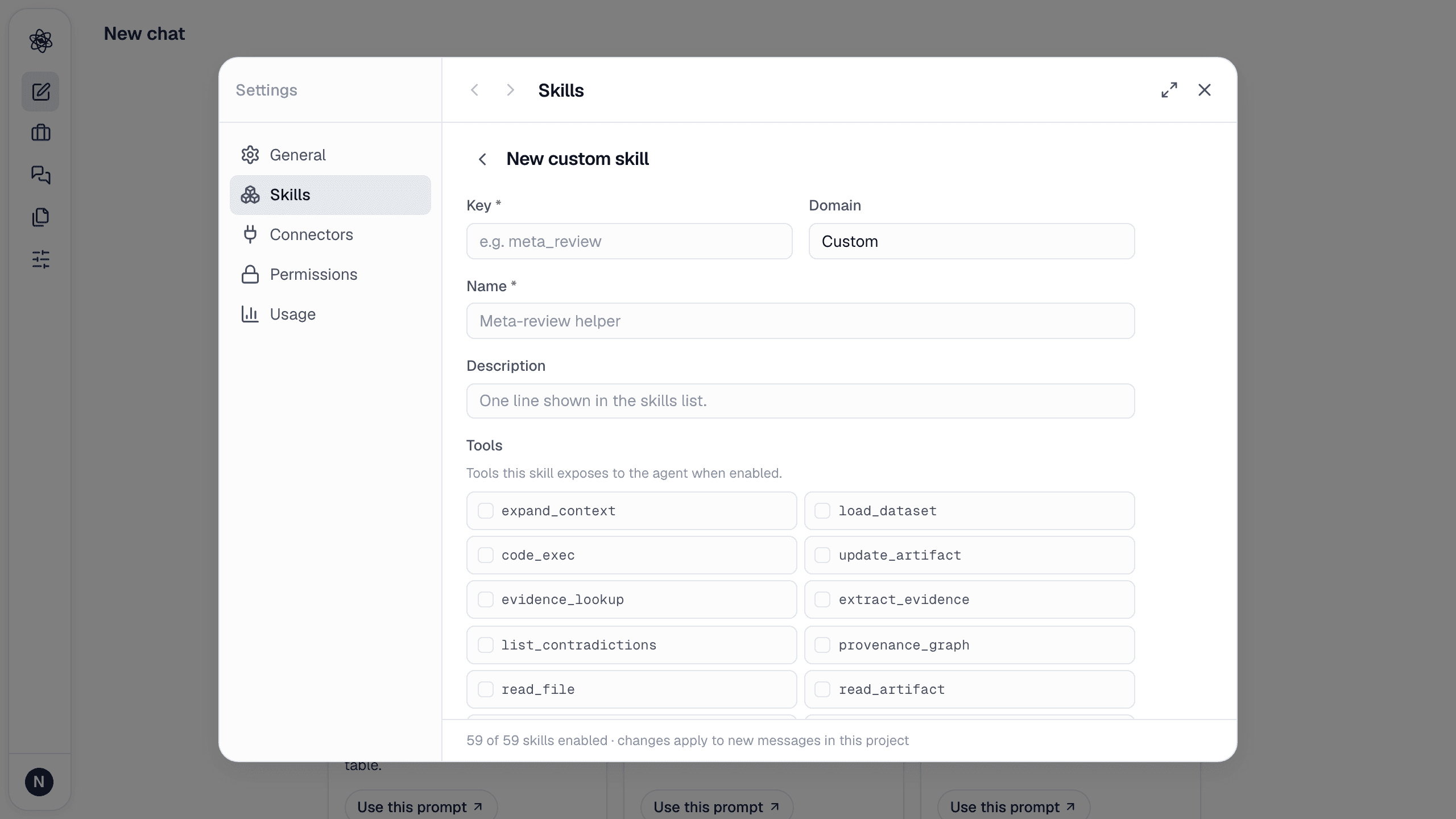 The custom skill form under Customize → Skills → Add skill.