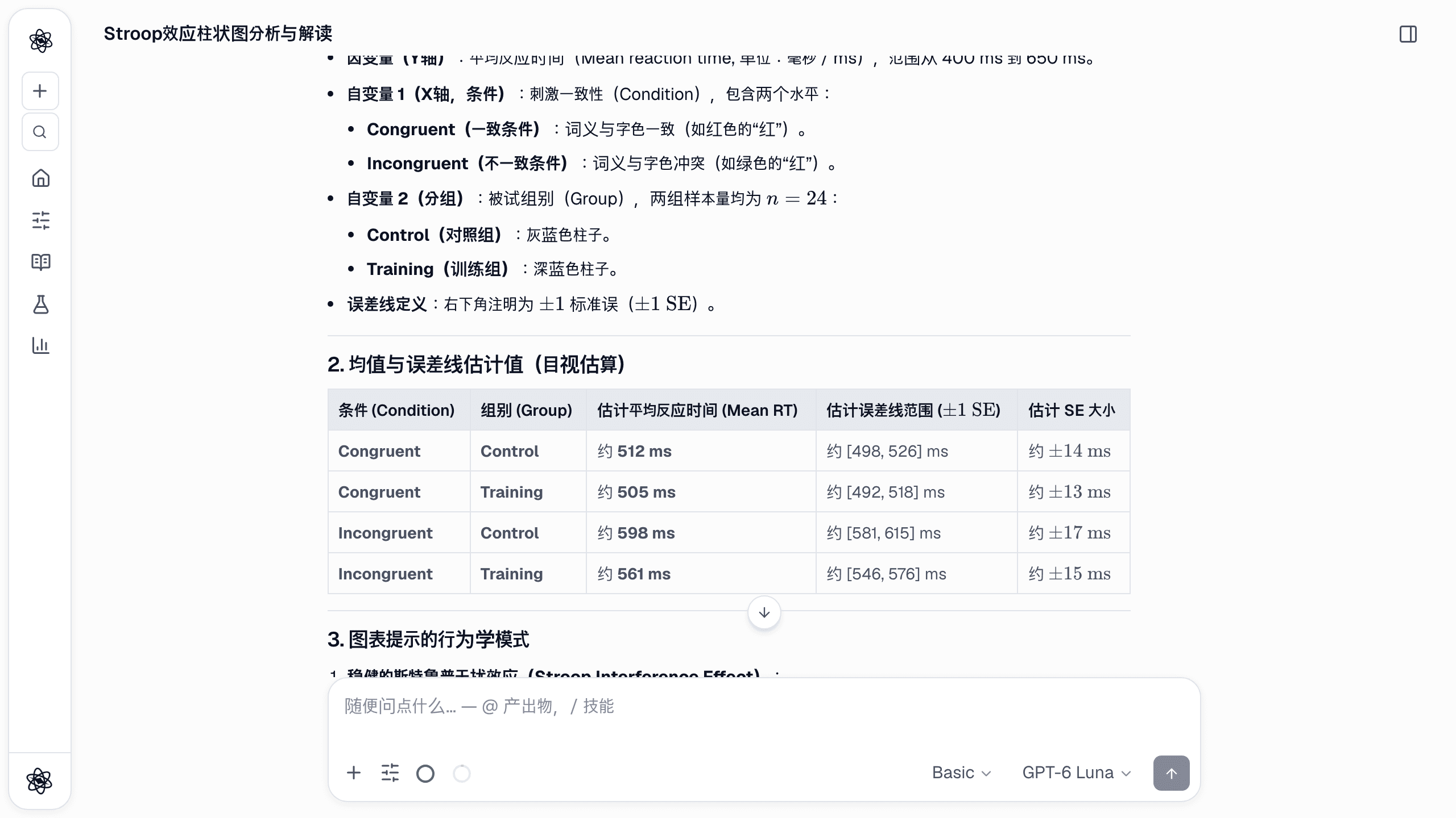 按条件和组别整理的均值与误差线估计表。