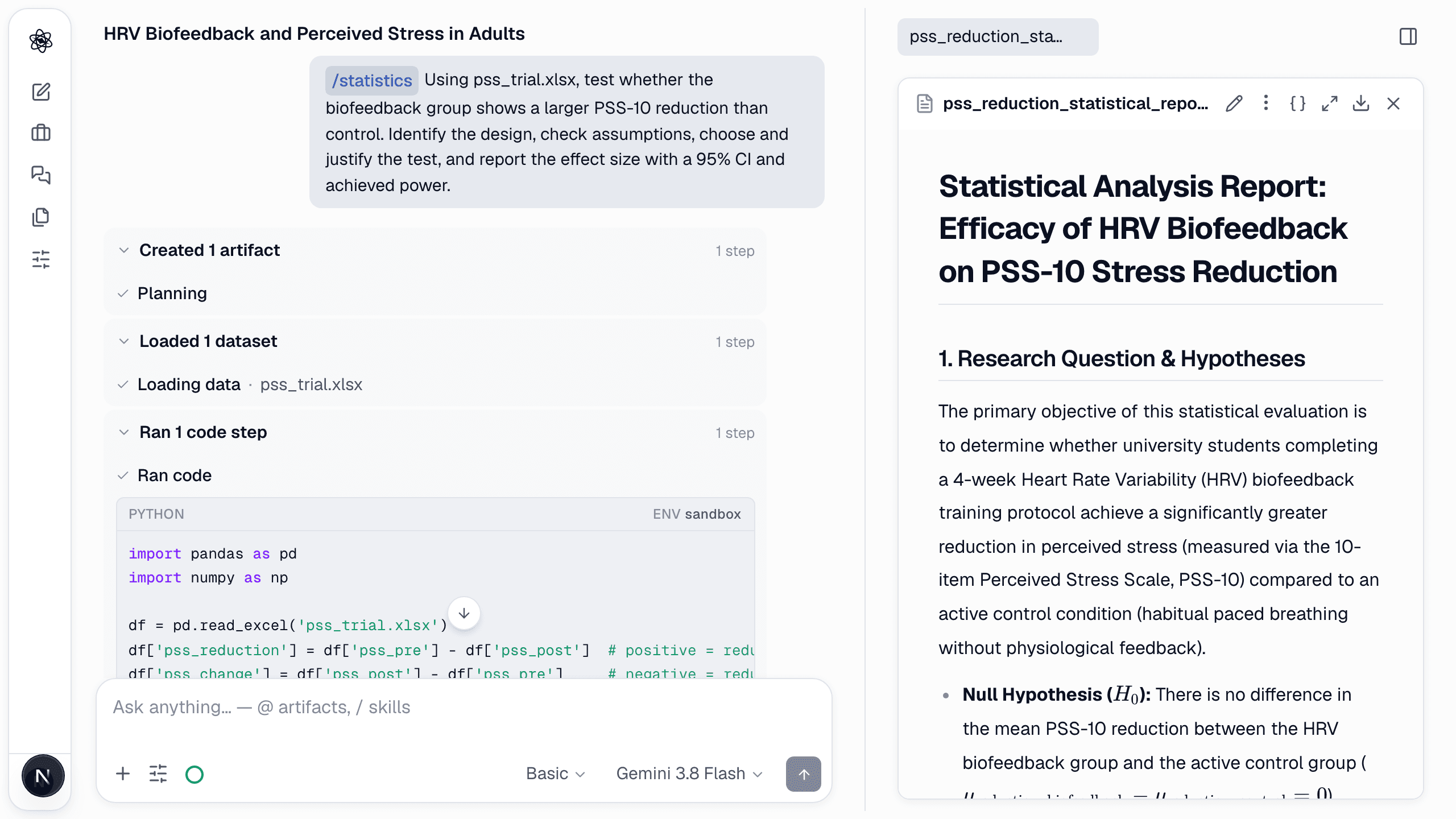 The statistical report: question, hypotheses, assumption checks, test and effect size.