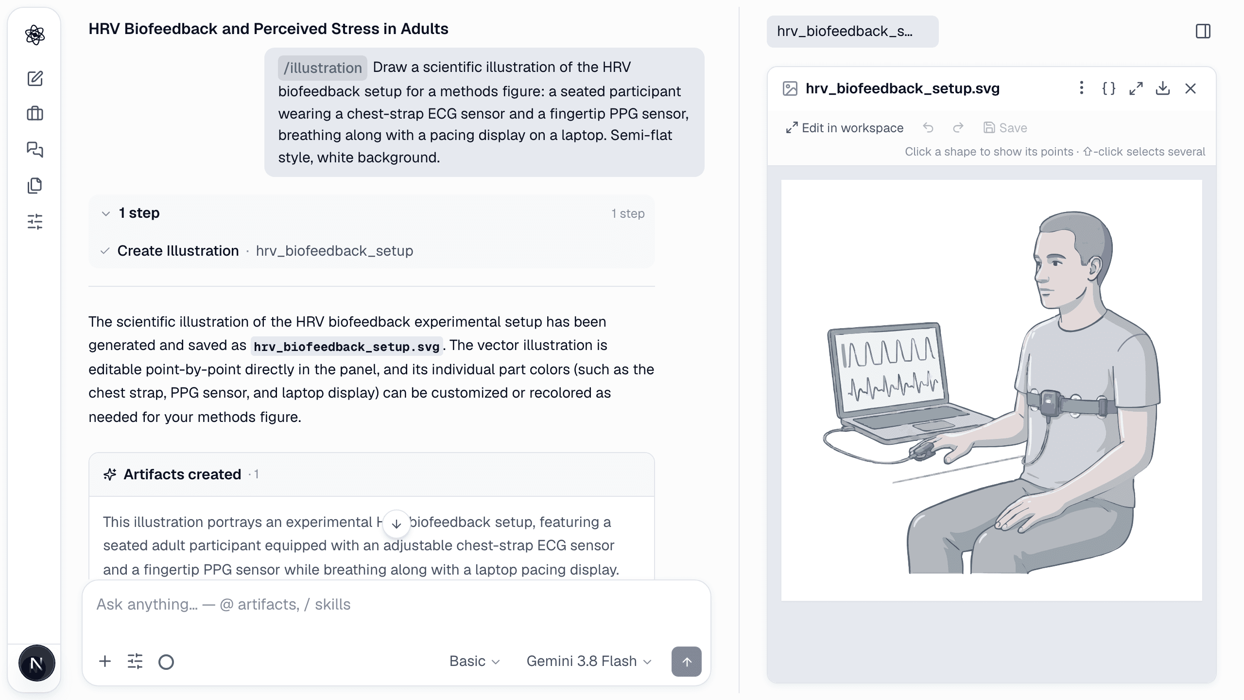 The generated illustration: a seated participant with a chest-strap ECG, a fingertip PPG sensor and a laptop pacing display — a vector you can recolor part by part.